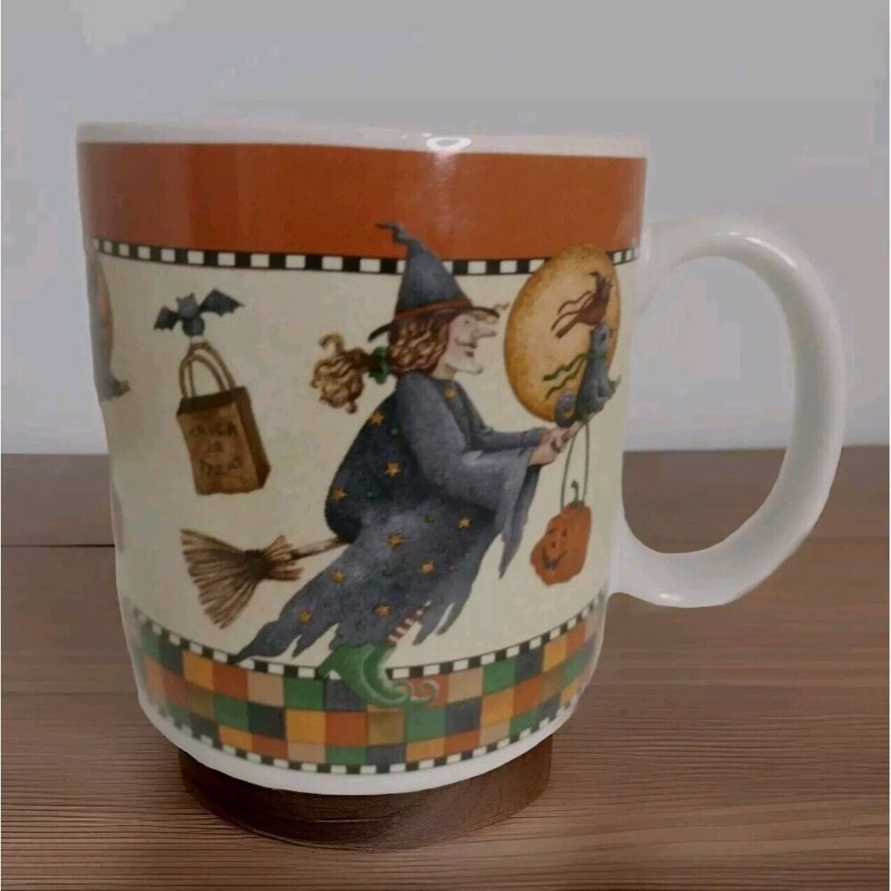 VTG 1998 Halloween Witch Broom Mug Debbie Mumm Sakura Stoneware Ceramic Cup 3.5"